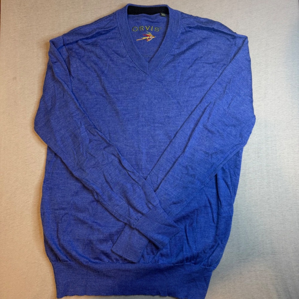 Orvis Mens Merino Wool V-Neck Sweater Blue Heather Knit Pullover Size M
